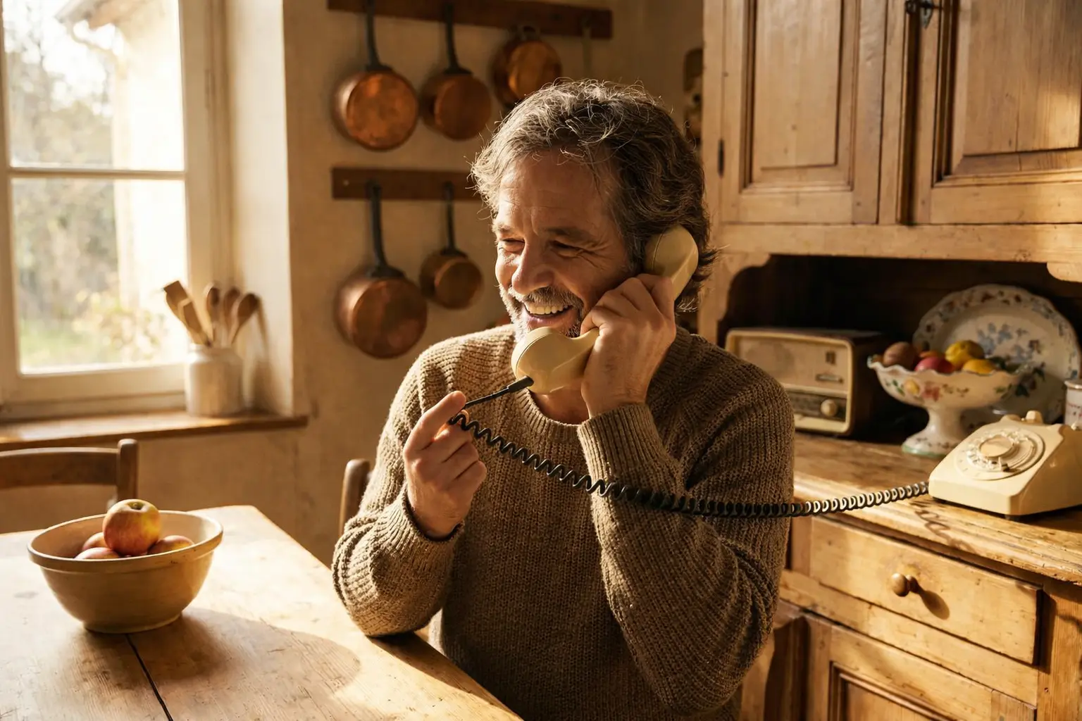 A person happily talking on a vintage rotary telephone — intentional, analog communication